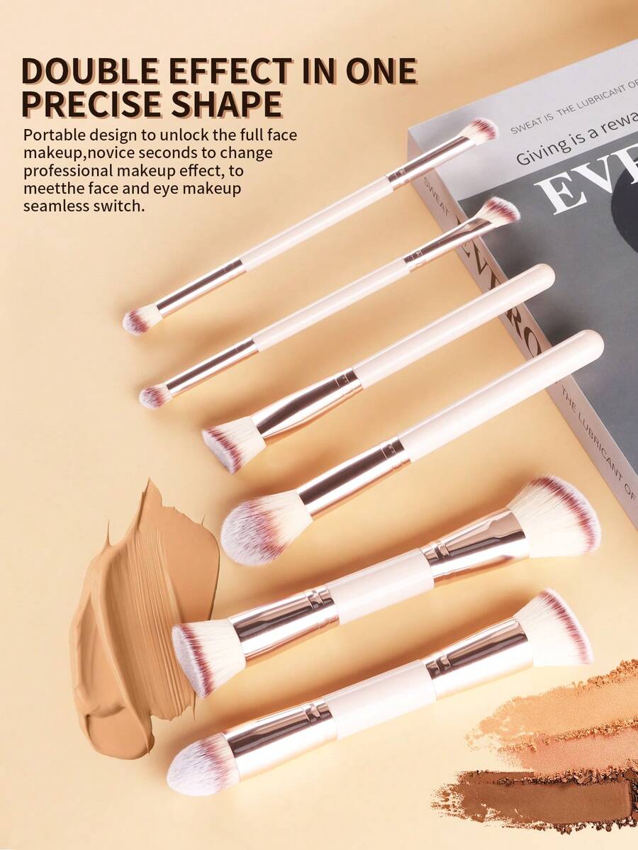 ronshadow Set 6 Kuas Makeup Dua Ujung, Dirancang untuk Pemula, Mencakup Riasan Wajah dan Mata, Kuas Multifungsi untuk Bedak, Perona Pipi, Alas Bedak, Kontur, Perona Mata, dan Concealer, Bulu Halus Gradien, Tidak Menyerap - MultiWarna - View 1