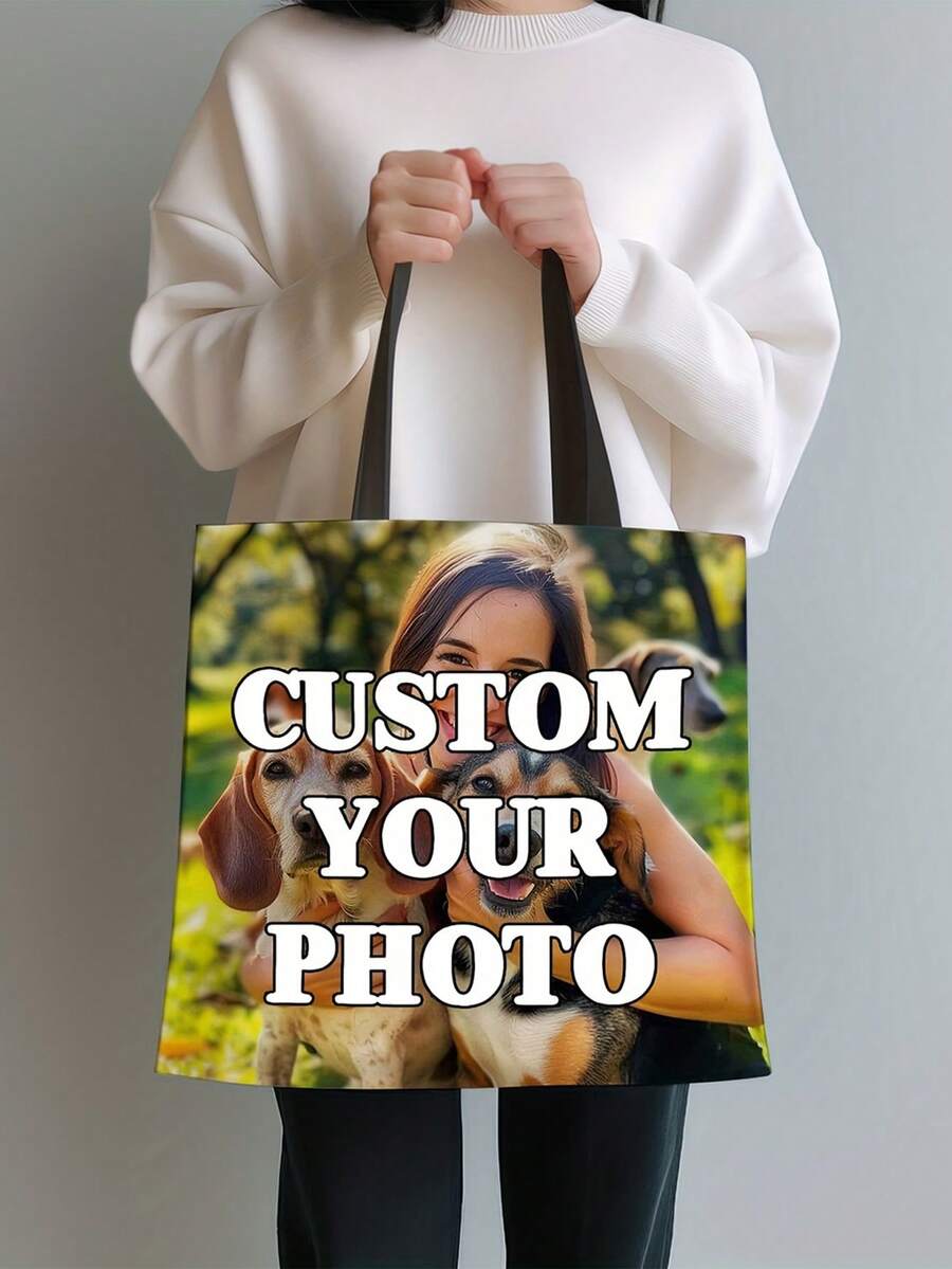 Custom Photo & Text Canvas Tote Bag – Personalized Reusable Shoulder Shopping Bag, Foldable Design (Polyester, Multiple Colors)