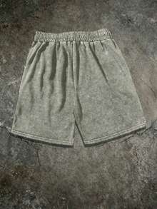 Men's Vintage Washed Cotton Shorts, Letter Print Pattern, Elastic Waist Drawstring Casual Shorts, Versatile Design Suitable For Summer - Army Green - View 2