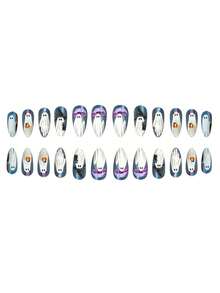 Halloween, 24pcs/Set Medium-Long Cat Eye Dark Night Cute Ghost Design Full Coverage Press-On Nails, Includes: 1pc Jelly Glue And 1pc Nail File, Suitable For Women And Girls Daily, Party And Other Occasions. - Multicolor - View 6