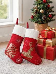 1pc Red Christmas Stocking With White Trim, 18-Inch Stocking, Large Plush Stocking With Reindeer And Snowflake Patterns, Christmas Tree Holiday Party Decoration, For Home Holiday Christmas Party Decorations (Red And Gold Glitter Reindeer) - Multicolor - View 8