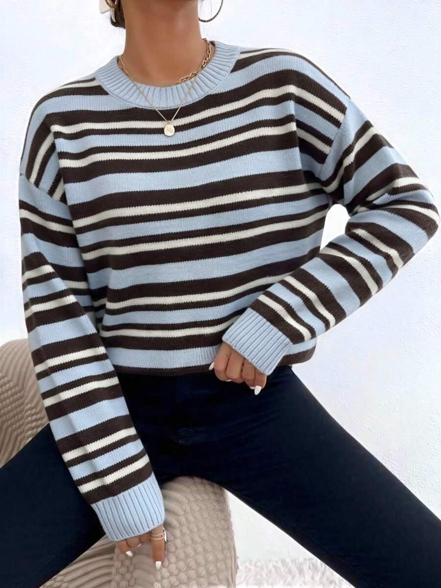Women's Striped Crew Neck Long Sleeve Pullover Sweater, Casual Ribbed Knit Medium Stretch Top, Suitable For Autumn/Winter Wear