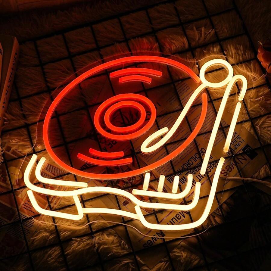Vintage record player neon for wall decoration, music recording neon dimmable vintage recording LED sign for music studios, concerts, clubs - Rot + Warmweiß 42*33 - Übersicht 1