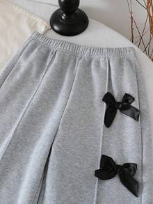 Girls Letter Print Round Neck Long Sleeve Top And Wide Leg Pants With Bow Decor, Autumn/Winter - Grey - View 5