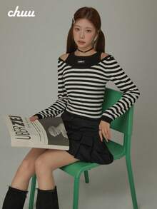 CHUU Women's Off-Shoulder Striped Knit Top, Autumn 2 In 1 Patchwork Design, Youthful Long Sleeve Blouse - Black - View 5