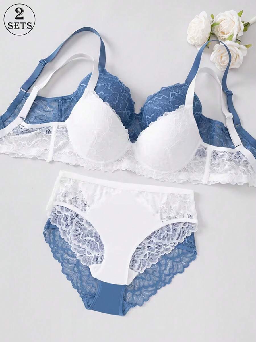 2 Sets/4 Pieces Elegant Lace Lingerie Set, Includes Low-Waist Triangle ...