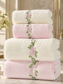 4Pcs Rustic Roses Bathroom Towel Set Farmhouse Embroidered Purple Roses Towels Vintage Decorative Bath Towel Highly Absorbent Elegant Summer Decor Set For Bathroom - White - View 8