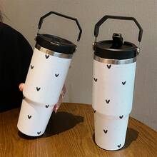 1pc 30oz Heart-Shaped Polka Dot Pattern Handheld Insulated Cup, Minimalist Creative Cartoon Stainless Steel Coffee Mug, Portable Travel Cup. Suitable For Office And Home, Perfect For Cold And Hot Beverages. Can Be Given - Multicolor - View 2