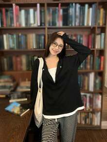 黑色 2 合 1 設計寬鬆長袖女款早春休閒上衣 - 黑色 - 查看 2