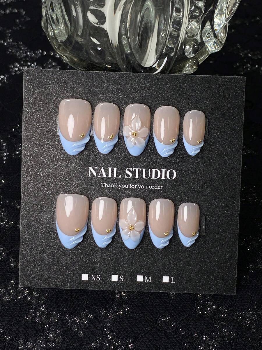 10pcs Summer Handmade Press-On Nails, Short Almond Shape, Nude Transparent Base With Smoky Blue Wrinkled French Tips, Decorated With 3D Light Blue Flowers And Gold Beads, Fresh And Gentle Vibe, Versatile Daily Style, Comes With Nail Tool Kit, Quick Application And Removal - Baby Blue - View 1
