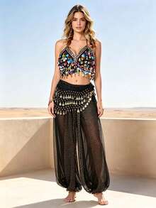 Professional Belly Dance Coin Fringe Halter Crop Top With Waist Scarf, Elastic Waist Dot Mesh Harem Pants For Dance Training, Stage Shows And Competitions - Multicolor - View 14