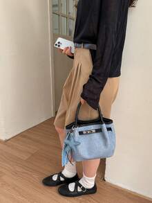 Dedoo 女款拼接牛仔迷你水桶托特包，銀色旋轉鎖雙手柄斜挎包，復古日常購物手提包，無吊飾 - 黑色 - 查看 8