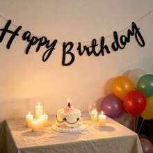1pc Black Handwritten Happy Birthday Paper Banner, Simple Versatile Easy To Hang, Suitable For Birthday, Wedding, Valentine's Day, Back To School And Various Occasions, Practical Gift For Party And Home Decor - One Size Fits All - View 2