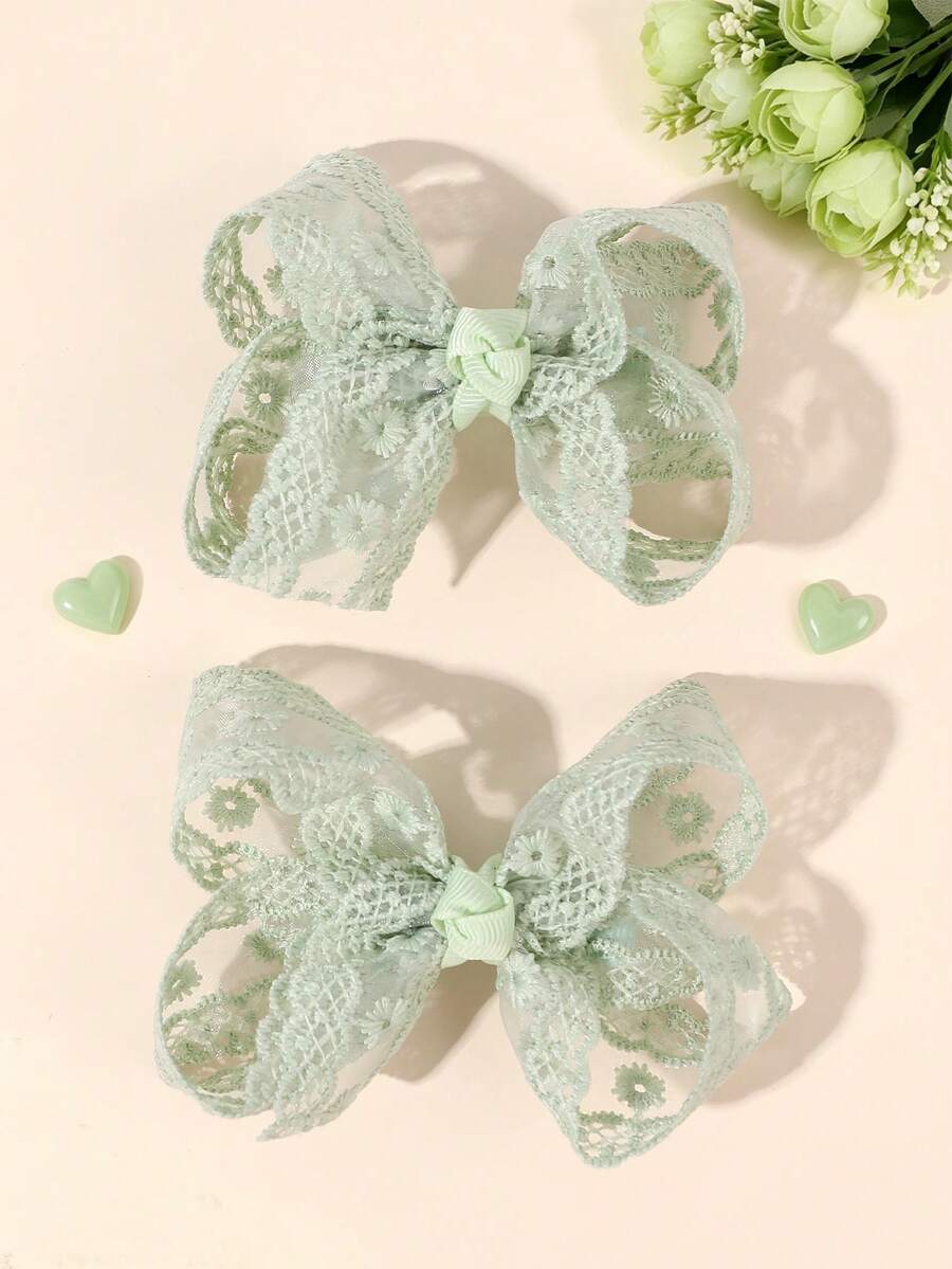 2件組女孩蕾絲髮蝴蝶結 綠色刺繡花朵髮夾 夏季優雅婚禮派對髮飾 精靈風髮夾 嬰兒髮飾 - 綠色 - 查看 1