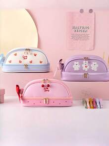 Double Layer Strawberry Pencil Case, Cute Girl Style Pencil Box, Minimalist Large Capacity Stationery Storage Bag, Suitable For B, First Day Of School - Multicolor - View 3