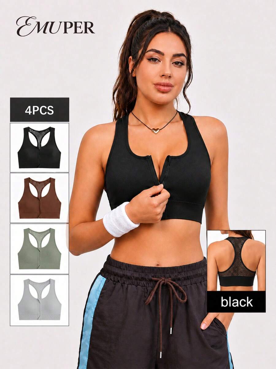 4 buah Bra Olahraga Tanpa Jahitan dengan Desain Silang dan Lubang-Lubang, Bra Pendek Elastis dengan Resleting Depan untuk Wanita - MultiWarna - View 1
