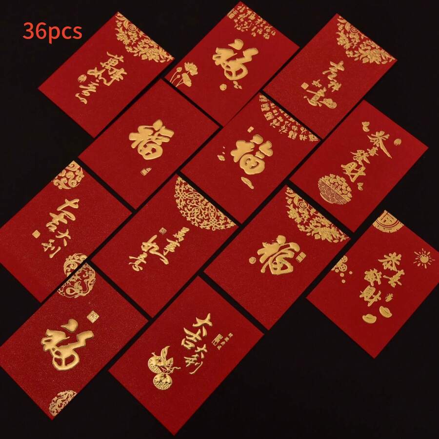 36pcs/Pack, High-Quality Chinese New Year Red Envelopes, Festive Gold Pattern Spring Festival Cash Red Envelopes, Suitable For New Year, Wedding, Birthday, Christmas And Other Occasions - 36-pack Gold - View 1