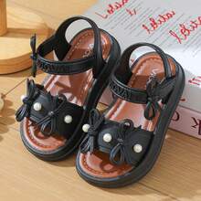 Lugualt Girls' Fashion Sunny Sandals, Korean Style Bowknot Hook & Loop, Lightweight Non-Slip Soft Sole Princess Sandals For Daily Wear And Outings - Black - View 1