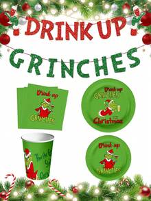 The Grinch 1/10/20Pcs Green Christmas Monster Birthday Party Decoration Tableware, Paper Cups, Plates, Banners, Napkins, Suitable For Party And Holiday Decorations And Gifts. - Multicolor - View 1