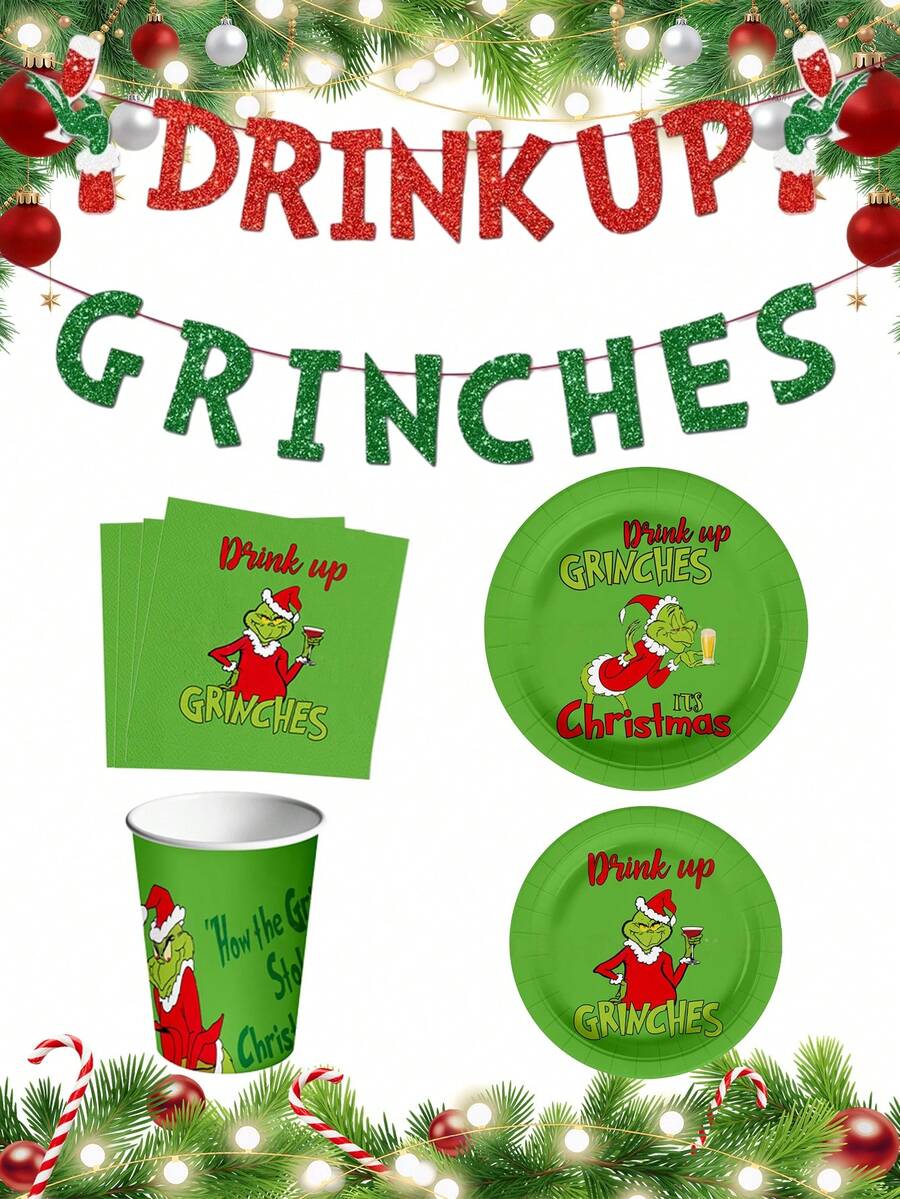 The Grinch 1/10/20Pcs Green Christmas Monster Birthday Party Decoration Tableware, Paper Cups, Plates, Banners, Napkins, Suitable For Party And Holiday Decorations And Gifts. - Multicolor - View 1