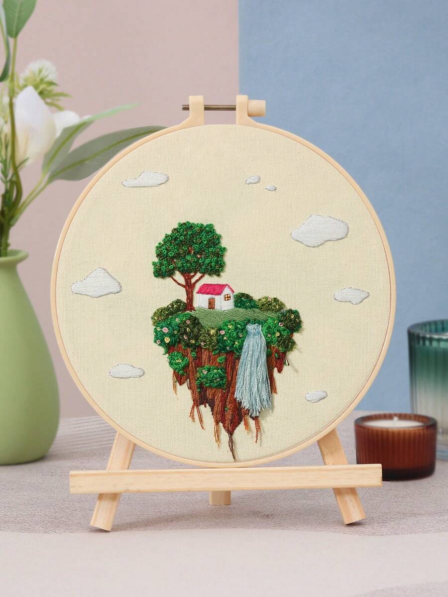 1套初學者刺繡套件,含風景與地理圖案,1套包含1件刺繡布+1個刺繡框+2根刺繡針+1套彩色線+1本英文說明書 - E款材料包 - 查看 1
