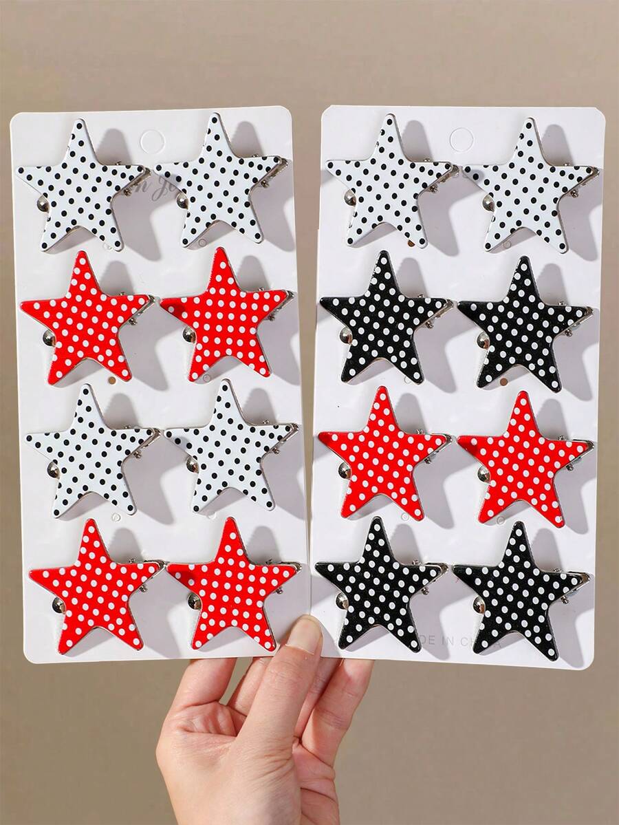 6pcs Girls Multicolor Polka Dot & Star Hair Clips/Cute Sweet Hair Accessories Top Clips Back Clips Side Clips Alligator Hair Clips For Daily Use - Multicolor - View 1