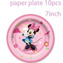 Pink Bow Mouse Birthday Disposable Tableware Set, Round Paper Plates, Paper Cups, Cute Cartoon Flower Sun Cloud Mouse Pink Sweet Theme Birthday Party Dinner Supplies - Multicolor - View 3