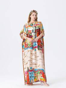 1pc Women's Faux Silk Printed Robe Shawl With Small Scarf Set, Outerwear Decor For Beach, Sun Protection, Windproof, Daily Wear - Multicolor - View 3