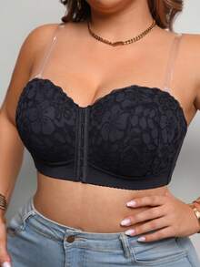 Women's Plus Size Floral Lace Front Closure Strapless Bra, Comfortable And Breathable, Push-Up Side Support, Multi-Row Hook And Eye, Detachable Transparent Straps - Black - View 11