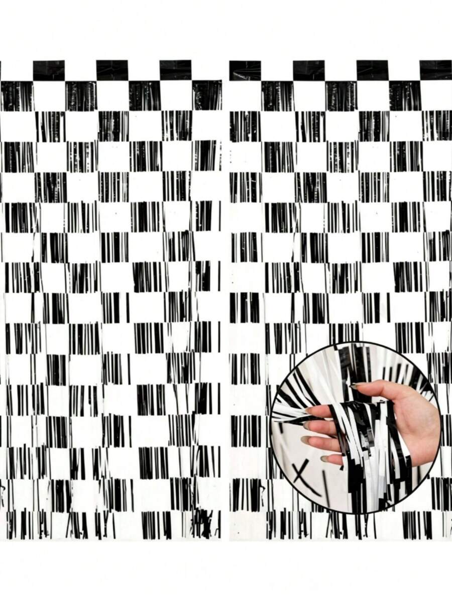 2/1pc Racing Theme Metallic Tinsel Curtains, Black And White Checkered Fringe Curtains, Rain Curtain Balloon Set, Racing Theme Birthday Party Decor Curtains, Theme Party Foil Curtains, "Go Racing" Party Backdrop, Indoor/Outdoor Party Backdrop Decor - Racing - View 1