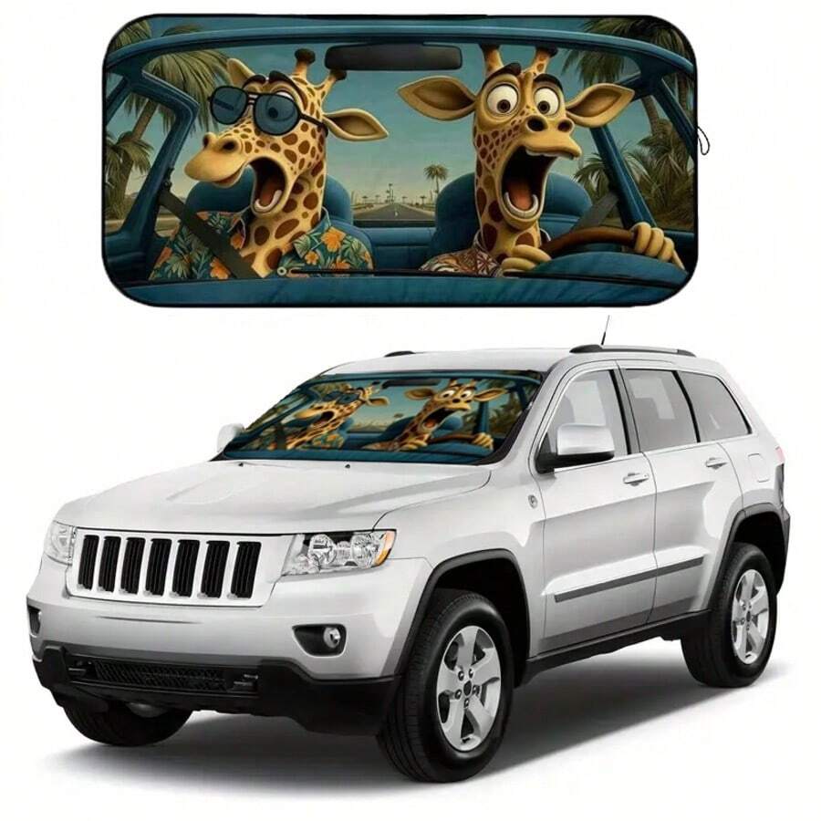 1pc Funny Giraffe Car Sunshade, Made Of Polyester Fiber, Suitable For Various Car Models Front Windshield, Heat Insulation And Privacy Protection, Keeps Your Car Cool, Foldable For Easy Storage