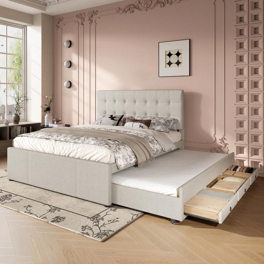 إطار سرير مزدوج الحجم - 140x200 سم، مع أدراج - بيج - مشاهدة 1
