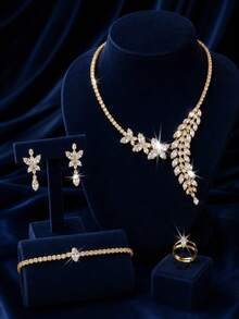 5pcs/Set Cubic Zirconia Exaggerated Heavy Work Wheat Ear Pendant Copper Inlaid High Quality Bridal Wedding Jewelry Set, Suitable For Bride Wedding, Birthday Party, Banquet, Ball - Gold - View 5