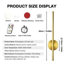 1pc/2pcs Battery Powered Wall Light, Wireless Charging Gold Wall Lamp With Remote Control Dimmable, Cordless Wall Light For Living Room, Bathroom, Hallway Decor, With Timer Function - Gold - View 5