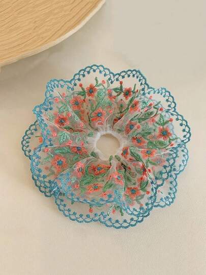 1pc Women's Floral Embroidered Blue-Edge Lace Big Hairband, Retro Style Hair Accessory, Hair Tie Headwear