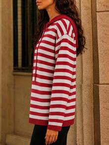 Fashion Women's Knit Long Sleeve Striped Hooded Pullover Sweater - Red - View 3