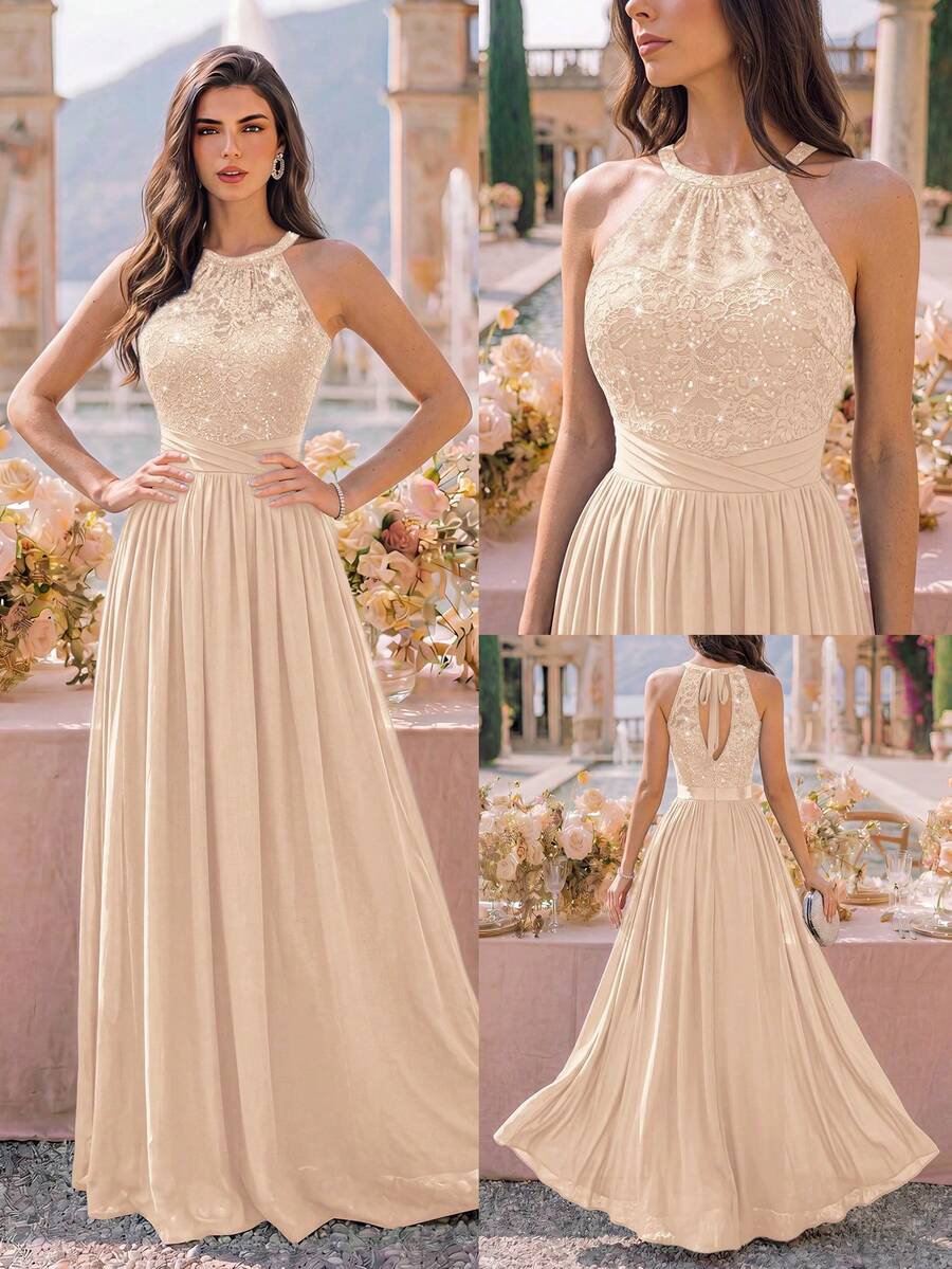 MIUSOL Sequin Floral Lace Halter Neck Sleeveless Ruched Chiffon Formal Party Long Dress, Formal Evening Gown, Suitable For Wedding Guest, Graduation Ceremony, Dinner - Champagne - View 1