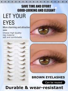 10 Pairs Brown Half-Eye Extended Tail Invisible Band Natural Fit 3D Fluffy Curly Caramel Color Faux Eyelashes Soft Lightweight For Beginners Dating Travel - View 3