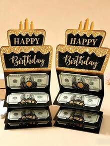 Black And Rose Gold Happy Birthday Foldable Money Card With Envelope, Cake Pattern Cash Holder, Surprise Money Gift Decoration, Anniversary Celebration, Small Birthday Gift And Party Favor, A Fun Way To Give Cash - Multicolor - View 3