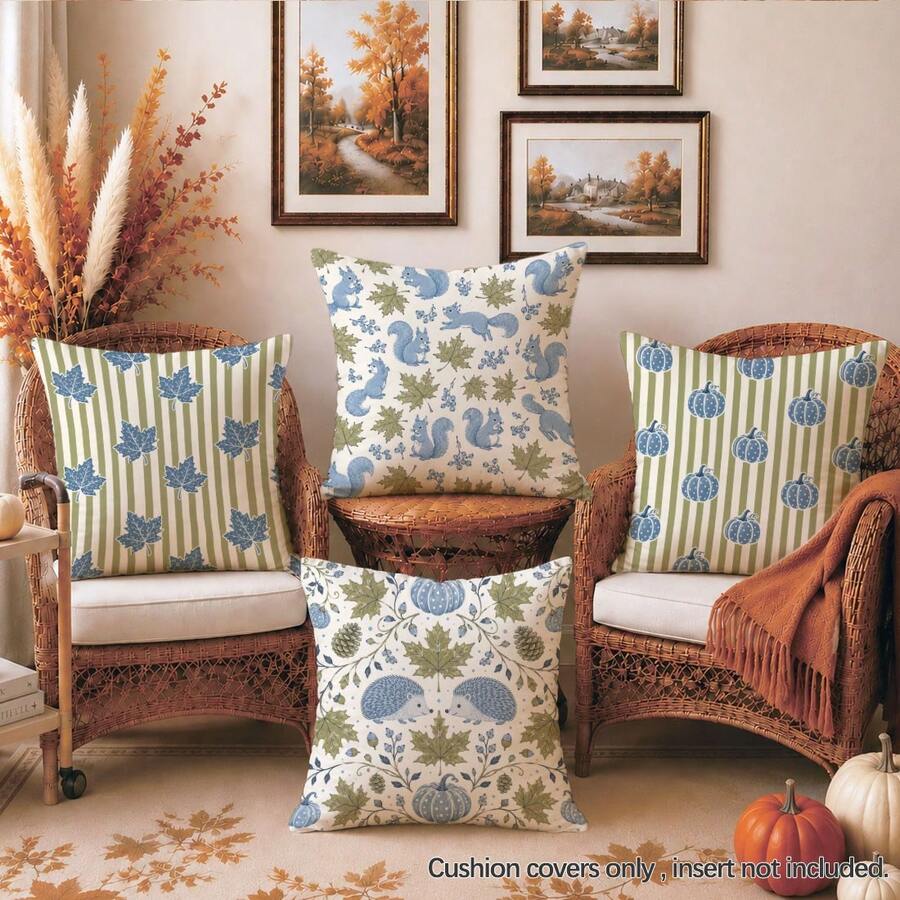 4 piezas Fundas de cojín con estampado de hojas de arce, calabaza, ardilla y erizo en rayas azul-verde de otoño, material de piel de durazno de terciopelo amigable con la piel impreso en un solo lado, fundas de almohada de 45*45CM adecuadas para decoración del hogar, dormitorio, sala de estar, habitación, fiesta, vacaciones, decoración de sofá, regalo, sin relleno de almohada - Multicolor - Ver 1