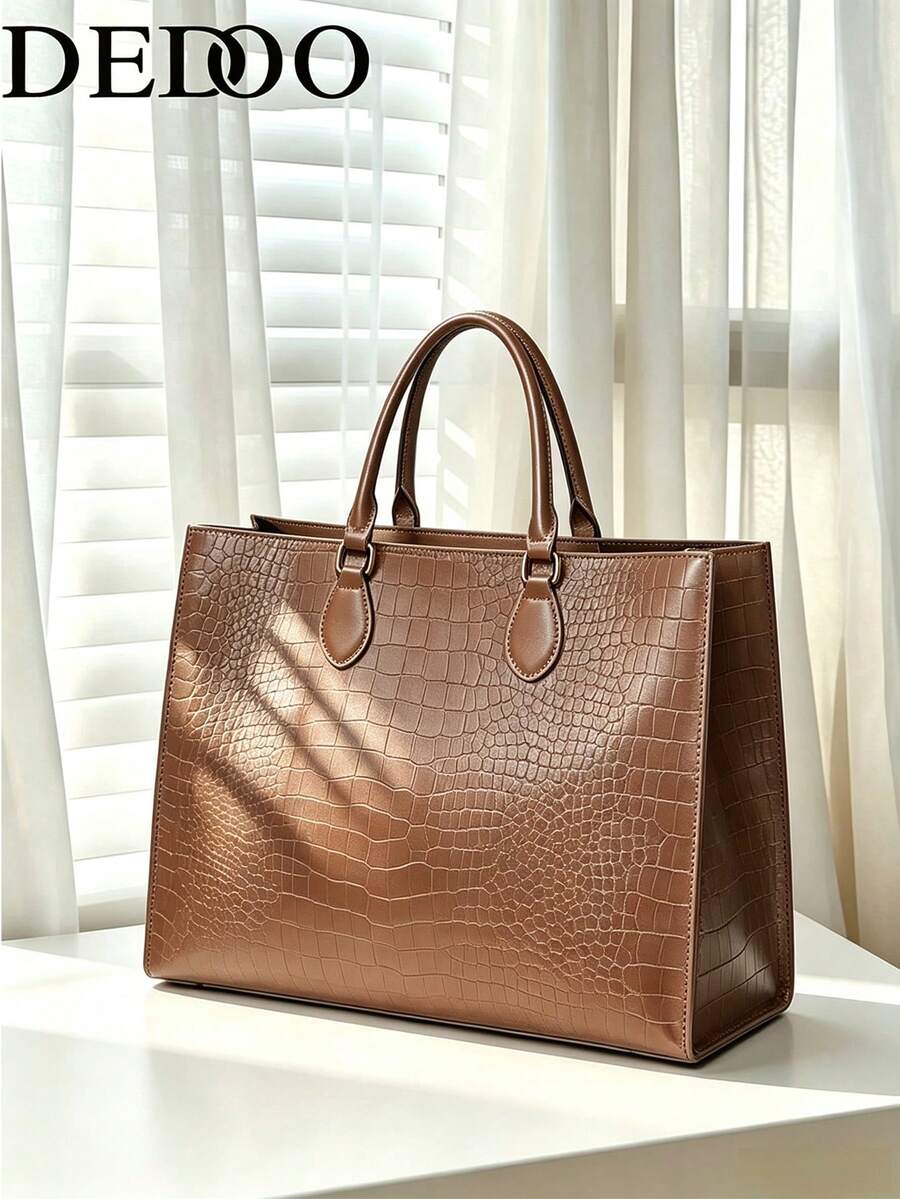 Embossed Large Capacity Tote Bag, PU Leather Top Handle Handbag, Structured Shoulder Bag For Business Commute Daily Office