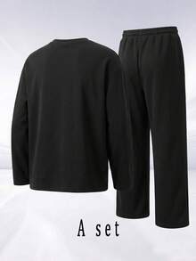 SU ER Men's Summer Crew Neck Casual Long Sleeve T-Shirt And Casual Pants Set - Black - View 6