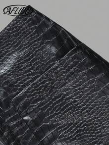 Aflion Rok A-Line Kulit PU Motif Buaya Hitam untuk Wanita Musim Gugur/Musim Dingin, Rok Mini Pinggang Tinggi, Resleting Depan dan Saku, Cocok untuk Pakaian Santai dan Kencan. - Hitam - View 6