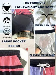 Men's Color-Block Swim Trunks (Red, White, And Navy Stripes; With Built-In Brief Liner) - Pink - View 5