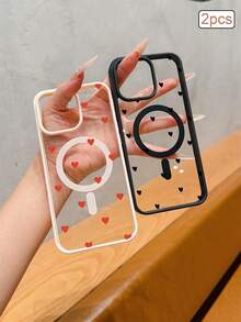 2pcs Heart Magnetic Matte TPU Shockproof Full Coverage Protective Phone Case Compatible With Apple 11/12/13/14/15/16/17 Pro Max - Clear - View 2