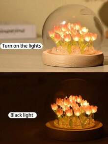 Handmade Tulip Night Light Glass Dome Table Lamp Wooden Base Warm Color LED Colorful Light Bedroom Dorm Bedside Decor Gift For Girls Aesthetic Style Room Decoration, Ideal Gift For Valentine's Day, Mother's Day, Birthday Or Best Friend - Multicolor - View 4