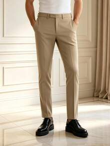 Men's Solid Color Suit Pants, Men's Commute Casual Business Travel Long Pants - Champagne - View 9
