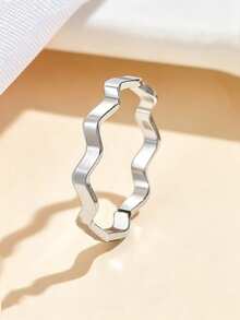 1pc Minimalist Wave-Shaped Open Stainless Steel Ring, Adjustable Smooth Finish 18K Gold Plated Accessory, Suitable For Daily Wear - Silver - View 13