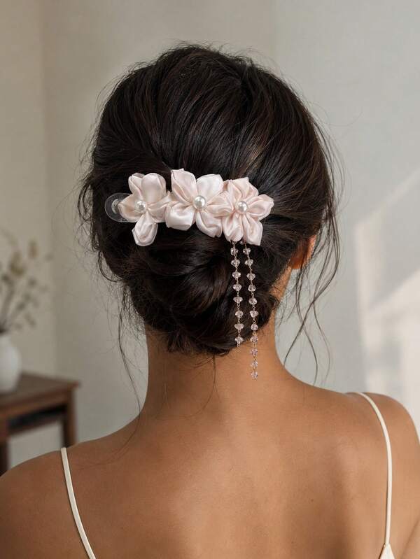 1pc Fashion Elegant Satin Pearl Flower Crystal Pendant Hair Clip Hair Accessory For Women, Suitable For Daily Wear, Gift For Friends
