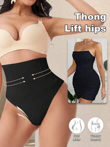 Plus Size High Waist Tummy Control Shaping Thong Panties, High Compression Firming Underwear, Flat Belly, Butt Lift And Shaping Women's Panties - Black - View 2